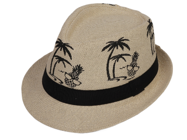 Pineapple & Palm Tree Print Black Band Cream Straw Trilby Hat